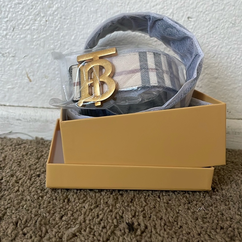 Burberry Tan & Black Check Belt with Gold TB Buckle